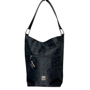 MCM Germany Large Black Canvas Leather Tote Bucket Bag Silver Hardware Vintage